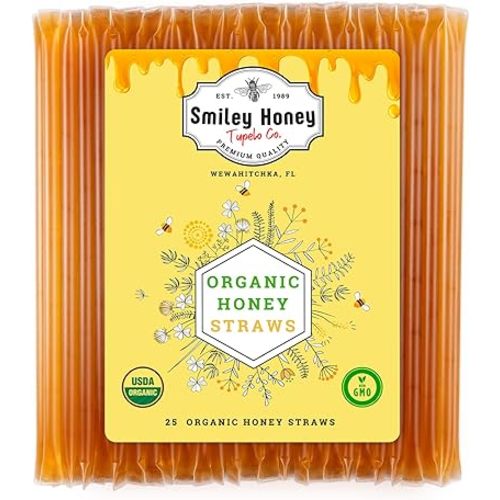 Smiley Honey 100% Organic Honey Straws, Raw, Pure and Unfiltered Honey, Single Serve Stir Sticks, 100% Organic Honey (25 Count)