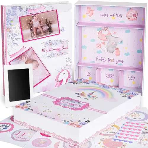 My Memory Book with Keepsake Box, Baby Milestone Stickers, Photo Corners & Footprint Kit, Unicorn Design - Baby First Five Years, Scrapbook, Journal, Photo Album for Newborn to 5