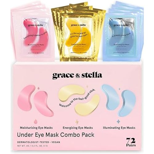 grace & stella Under Eye Mask - Reduce Dark Circles, Puffy Eyes, Undereye Bags, Wrinkles - Gel Under Eye Patches, Bulk Gifts for Women - Vegan Cruelty-Free Self Care (72 Pairs, Gold, Pink, & Blue)
