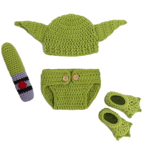 DICHA Handmade Crochet Costume- 4-Piece Set: Hat, Diaper,Booties Shoes and Accessories - Baby Photography Props for Newborns 0-3 Months - Soft Yarn Green Alien Style Baby Photo Prop