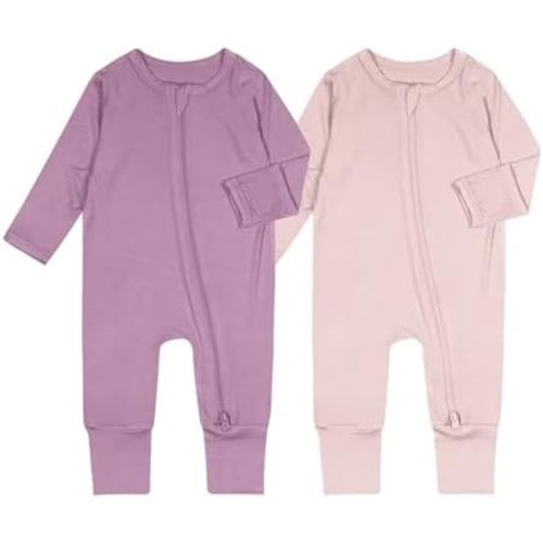 Teach Leanbh Baby Boys Girls 2 Pack Bamboo Viscose Pajamas with Mitten Cuffs 2 Way Zipper Long Sleeve Romper Sleep and Play