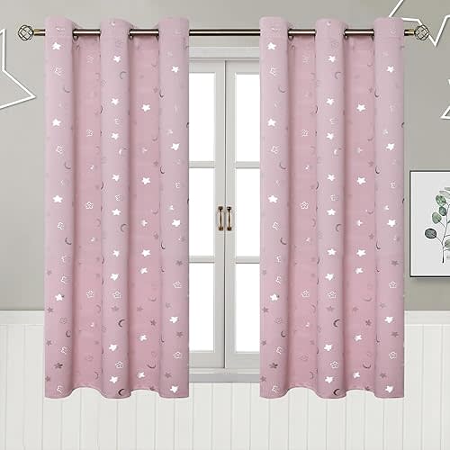 BGment Pink Curtains for Girls Bedroom, Short Star and Moon Blackout Curtains for Nursery, Thermal Insulated Room Darkening Kids Window Curtains with Grommet, 42 W x 54 L, 2 Panels, Light Pink