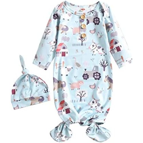 Newborn Knotted Gown Soft Cotton Baby Set Floral Onesie Girls and Boys Sleeper Nightgown