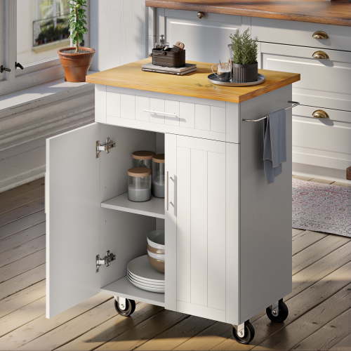 Walsunny Kitchen Island Table Stand with Storage on Wheels,Rolling Kitchen Cart Storage Cabinet with Drawer,White