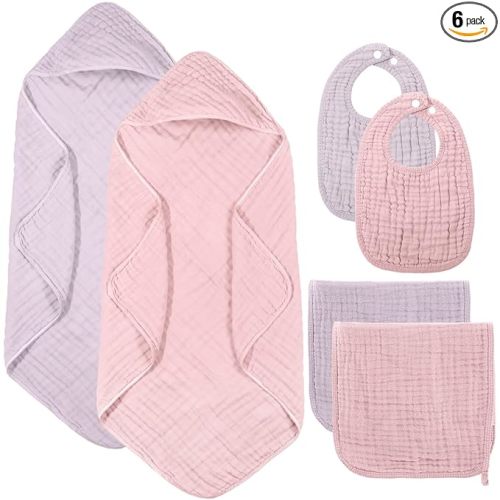 Hahafelt 6 Pcs Muslin Hooded Bath Towels Washcloths and Bibs Set, Muslin Cotton Baby Towels Absorbent Hooded Blanket Towel Infant Bibs for Boys Girls Newborn Infant Essential(Pink, Purple)