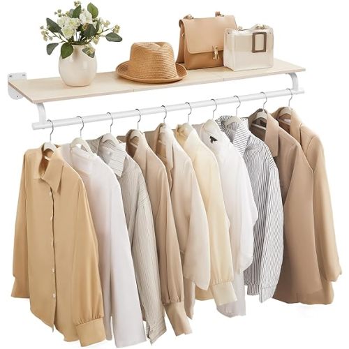 SONGMICS Clothes Rack with Top Shelf, Wall Mounted Clothing Rack, with Hanging Rod, Loads up to 77 lb, 11 x 42.9 x 5.2 Inches, Entryway, Bedroom, Closet, Natural Beige and Cloud White UHSR135W01