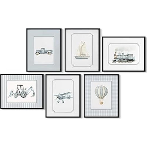 6Pcs Blue Nursery Wall Art Vintage Blue Baby Boys Car Canvas Painting Vintage Transportation Vehicle Posters Prints Plane Pictures Train Truck Wall Decor for Kids Toddler Room 8x10in Unframed