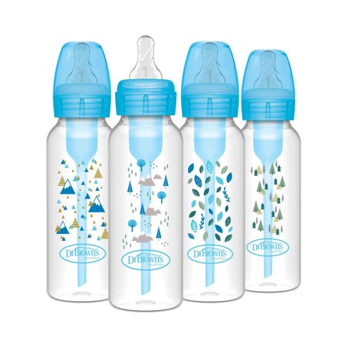 Dr. Brown's Anti-Colic Options+ Narrow Baby Bottle, Blue Nature, 8 oz/250 mL, with Level 1 Slow Flow Nipple, 0m+, 4-Pack