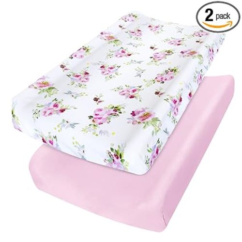 Changing Pad Cover for Girls 2 Pack, Lovely Print Soft Diaper Change Table Sheets, Fit 32"x16" Contoured Pad, Comfy Cozy 2-Pack Cradle Sheets,Floral