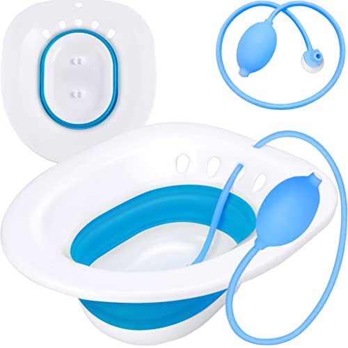 Pochik Sitz Bath for Toilet Seat Hemorrhoids and Postpartum Care, Yoni Steam Seat, Perineal Soaking, Collapsible, Flusher Hose, Drain Holes, Wider Seating Area - Blue