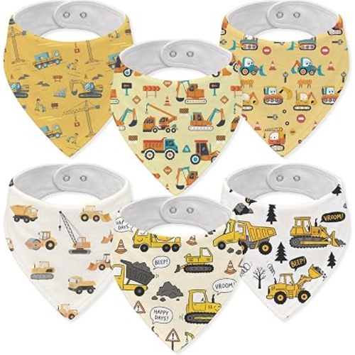 Baby Muslin Bibs Drool Bibs for Boys 6-Pack Construction Cotton Drooling Teething Feeding Bibs Super Absorbent Baby Burp Cloths with Adjustable Snaps for Newborns Infants