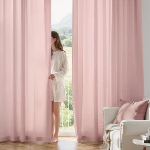 MIULEE Light Pink Privacy Sheer Curtains 2 Panels 42W x 96L | Privacy semi sheer, non-see-through, light filtering, allows natural light, ideal for living room bedroom