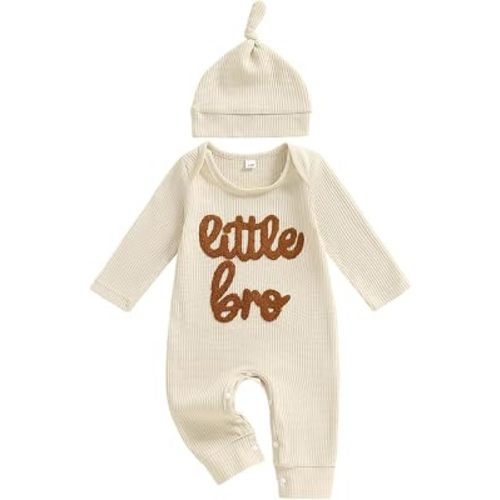 allshope Newborn Baby Boy Fall Outfit Romper Little Brother Lil Bro Long Sleeve Jumpsuit Bodysuit Cute Infant Waffle Clothes