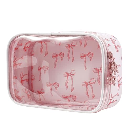 RSRSLEII Cute Clear Makeup Bag with Bow Patten,Transparent Nylon Travel Cosmetic Case with Zipper,Portable Makeup Organizer Pouch for Essentials(05Pinkbow-white)