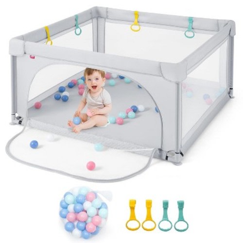 Safstar Baby Playpen, 49.5" x 49.5" Toddler Play Yard w/ 50 Ocean Balls & 4 Pull Rings, Non-Slip Safety Play Pen w/Zippered Door, Gray