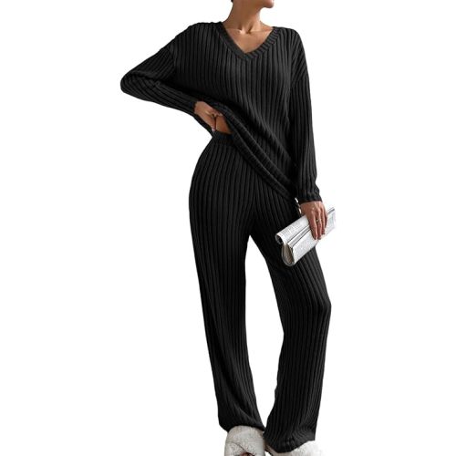 SHEWIN Women's Pajama Sets Long Sleeve Short Sleeve 2 Piece Lounge Sets Ribbed Knit Sweater Sleepwear
