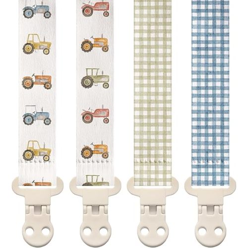 Stadela Baby Fabric Pacifier Clip Holder, Plastic Clip, 4‑Pack, Farm Pattern, Tractors Set