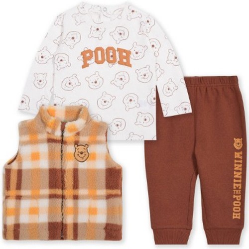 Baby Boys' 3pc Disney Winnie The Pooh Long Sleeve Shirt with Cozy Zip-Up Vest & Bottom Set - Brown Newborn