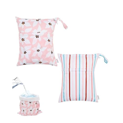 ALVABABY 2pcs Waterproof Wet Dry Bags,Reusable with Two Zippered Pockets,Baby Cloth Diaper,Travel,Beach,Pool,Daycare,Soiled Baby Items,Yoga Gym Bag,Swimsuits or Wet Clothes 2LW01