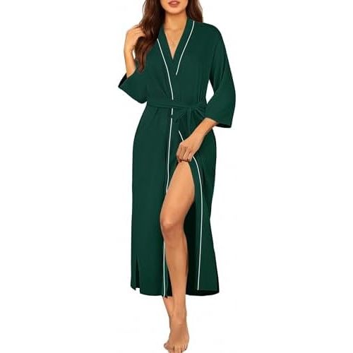 Ekouaer Robes for Women Long Knit Bathrobe Lightweight 3/4 Sleeves Kimono Robe Soft Sleepwear with Pockets S-XXL