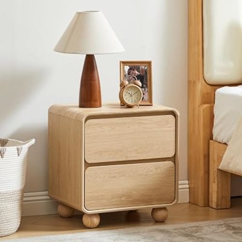 AVZEAR Small Night Stand with 2 Drawers, Mid Century Modern Nightstands with Solid Wood Legs, 2 Drawer Dresser Curved Profile Design End Table Side Table for Small Space, Dorm, Bedroom((Natural)