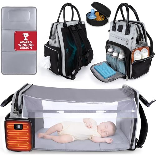 Award-Winning Large Diaper Bag with Changing Station – Eco-Friendly Evergreen Winner Large Diaper Bag Backpack w/ Heated Bottle Pockets, Premium All-in-One Backpack, Baby Essentials, Parents Gift