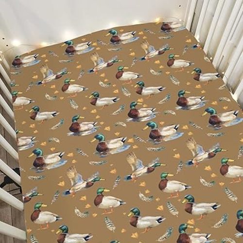 Vintage Mallard Ducks Baby Crib Sheets for Boy Girl 52"x28" Retro Duck Hunting Soft Snug Fitted Crib Mattress Cover Wild Birds Feathers Nursery Baby Sheet for Standard Crib & Toddler Bed Mattress