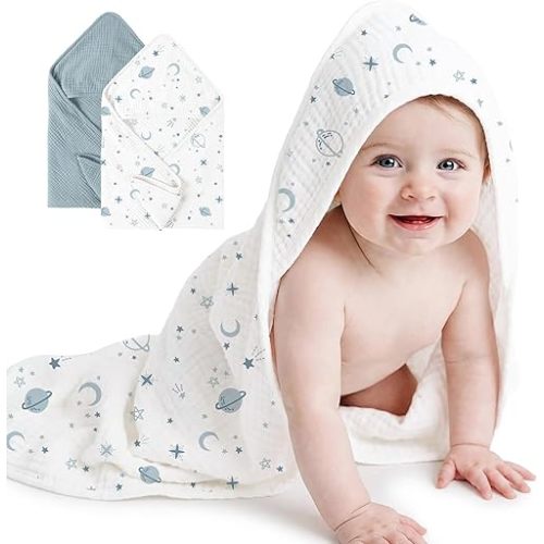 Konssy 2-Pack Muslin Hooded Baby Towels, 100% Cotton, Ultra-Soft & Absorbent Baby Bath Towels with Hood for Newborn & Infant (Blue, Star,32" x 32")