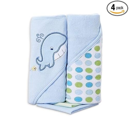 Spasilk Bath Hooded Towels & Washcloths Set for Babies, 2 Hooded Terry Bath Towels & 2 Washcloths, Blue Whale