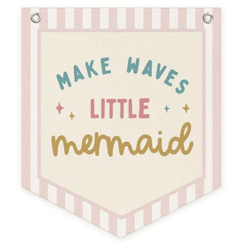 Girls Room Decor, Make Waves Little Mermaid Wall Pennant Banner Flag, Pink Striped Ocean Nursery Hanging Wall Decor for Baby Little Girls Nursery Toddler Room Bedroom