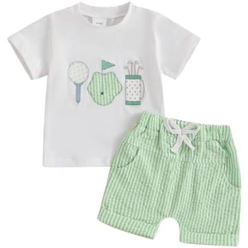 Baby Boy Girl Summer Clothes Golf Embroidery T Shirt Gingham Plaid Shorts Set 2Pcs Sports Outfit