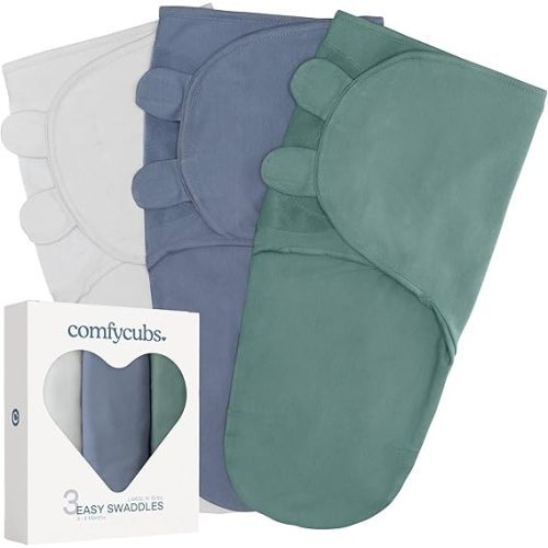 Comfy Cubs Easy Swaddle Blanket, 3 Pack - 100% Cotton Newborn Wrap, Small for 0-3 Months Infants, Breathable and Durable Sleep Sack for Babies - Stone, Nomadic Blue & Azul