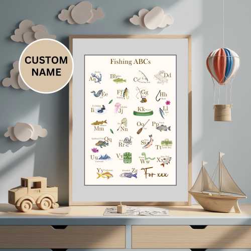 Fishing Alphabet Nursery Print, Digital Poster, ABC Print, Toddler Playroom, Baby Boy Nursery, Fishing Boy Nursery Decor, Vertical Print