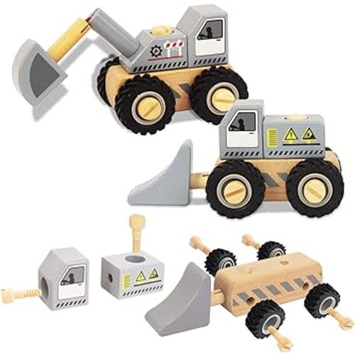 WoodenEdu Construction Vehicles for Toddlers, 2 Pcs Wooden Detachable Assemble Bulldozer and Excavator, Kids Vehicle Toys Hand Push Car Toys for 3 Years Old Boys Girls