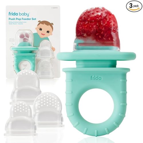 Frida Baby Push Pop Silicone Feeder, Baby Fruit Food Feeder to Safely Introduce New Foods, Fresh + Frozen, Breastmilk Popsicles, BPA Free, Dishwasher Safe | 3 Count, Teal