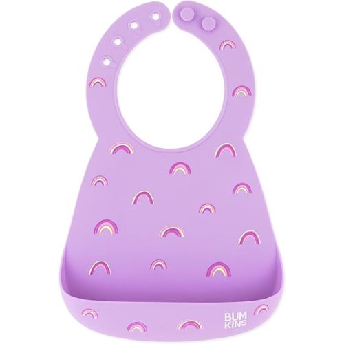 Bumkins Bibs, Silicone Pocket for Babies, Baby Bib for Girl or Boy, for 6-24 Months Up to Toddler, Essential Must Have for Eating, Feeding, Baby Led Weaning Supplies, Mess Saving, Rainbows Purple