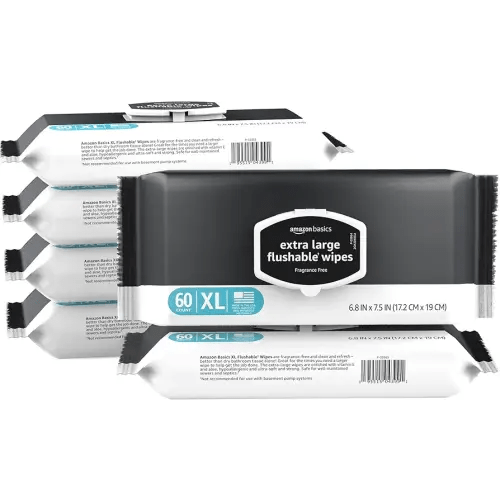 Amazon Basics Extra Large Flushable Wipes, 360 wipes (6 packs of 60), Adult Wet Wipes and Resealable closure