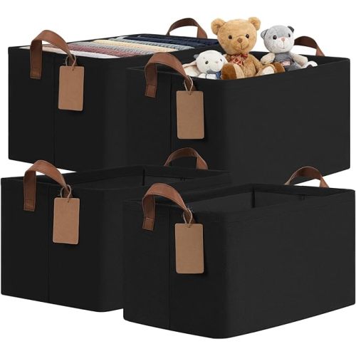 CHICVITA 4 Pack Large Storage Baskets for Shelves, Collapsible Shelf Baskets for Organizing, Fabric Closet Organizers and Storage Bins with Metal Frame, 16.8" x 11" x 9.8", Black