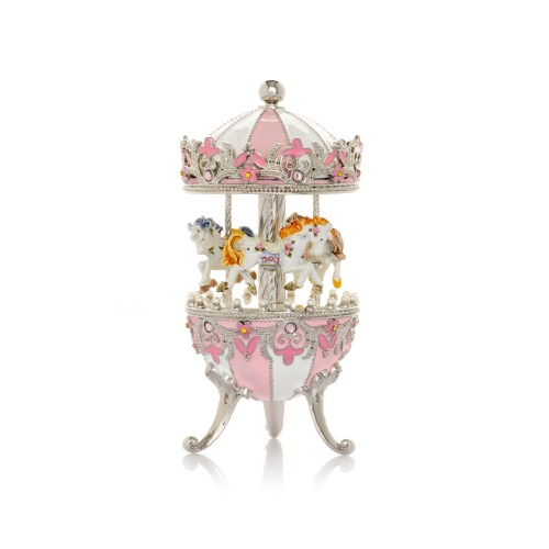 Pink Carousel Spinning Music Playing with White Royal Horses  with Swarovski Crystals