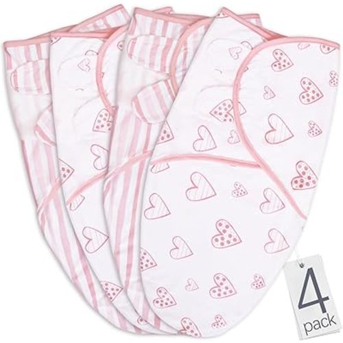 Biloban Baby Swaddle for Girls 0-3 Months, Cotton Blanket, Newborn Essentials, Lovely Pink Print, 4 Pack
