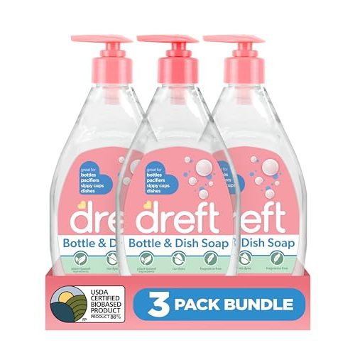 DREFT Bottle and Dish Soap | Made to Clean Baby Bottles, Sippy Cups, Pacifiers, Breast Pumps, & More | Gently Removes Milk Film & Odors | Plant Based, Fragrance Free Dish Soap | 18 Fl Oz (Pack of 3)