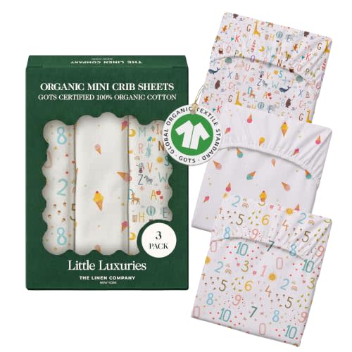 100% Organic Cotton Mini Crib Sheets, 27" x 39", Little Learners, 3-Pack | GOTS Certified, Soft Fitted Sheets for Mini Mattress, 5" Deep Pocket with Secure Elastic Fit, Boys & Girls