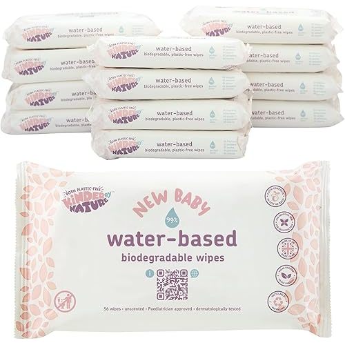 Kinder by Nature Water-Based Baby Wipes - 672 Count (12 packs of 56) -Unscented and Hypoallergenic - 99% water - 100% biodegradable - Plastic-Free Baby Wipes