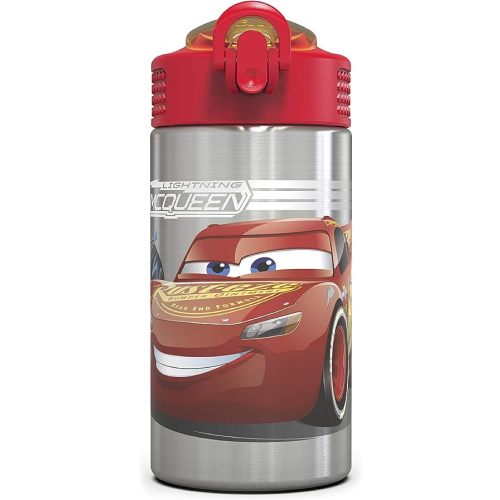 Zak Designs Disney Cars 3 - Stainless Steel Water Bottle with One Hand Operation Action Lid and Built-in Carrying Loop, Kids Water Bottle with Straw Spout is Perfect for Kids (15.5 oz, 18/8)