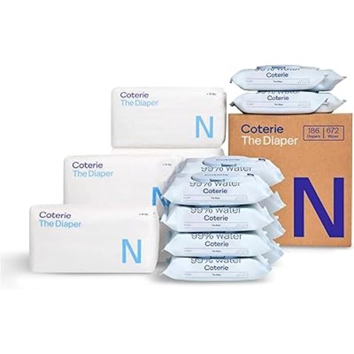 Coterie Baby Wipes + Diapers Kit, Size Newborn Diapers (186 Count) & 12 Pack (672 Count) Baby Wipes with 99% Water, Plant Based Materials, Hypoallergenic for Sensitive Skin