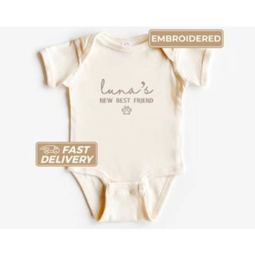New Best Friend Baby Bodysuit, Protected by Dog Bodysuit, Custom Embroidered Baby Announcement Bodysuit, Baby Shower Coming Soon Outfit - Etsy