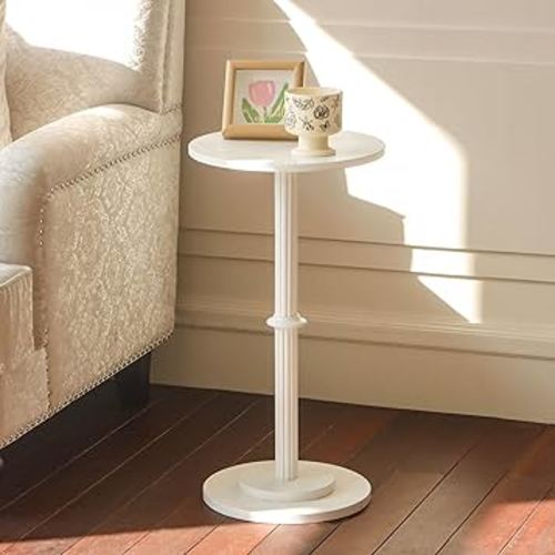 MaxSmeo Drink Table, Small Side Table for Small Spaces, Modern Round End Table with Fluted Wood Leg, White