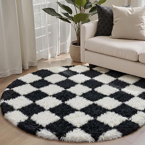 Checkered Rug 4x4 for Living Room, Black and White Modern Shag Super Soft Washable Fluffy Rugs Indoor Fuzzy Carpet for Bedroom Home Dorm Aesthetic Decor