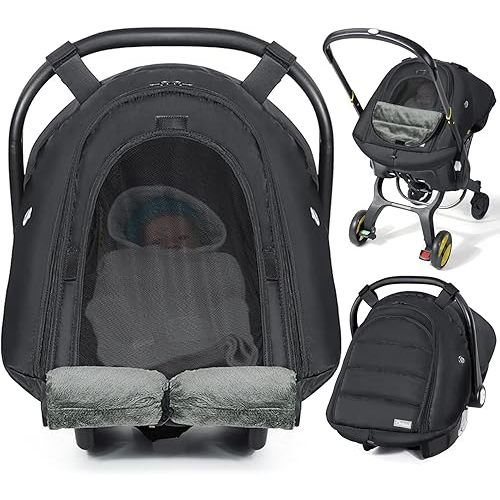 Orzbow Winter Car Seat Cover for Babies, Waterproof Carseat Canopy Cover with Mesh Window of Breathable, Warm and Cozy Baby Car Seat & Carrier Covers for Cold Weather, Machine Washable, Black