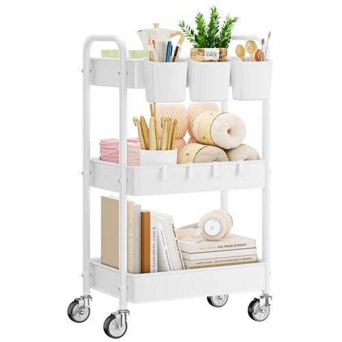 YASONIC Metal 3 Tier Rolling Cart - Heavy Duty Utility Cart with Lockable Wheels, Hanging Cups, Hooks, Mesh Rolling Storage Cart Craft Cart Organizer, Lightweight and Sturdy, White